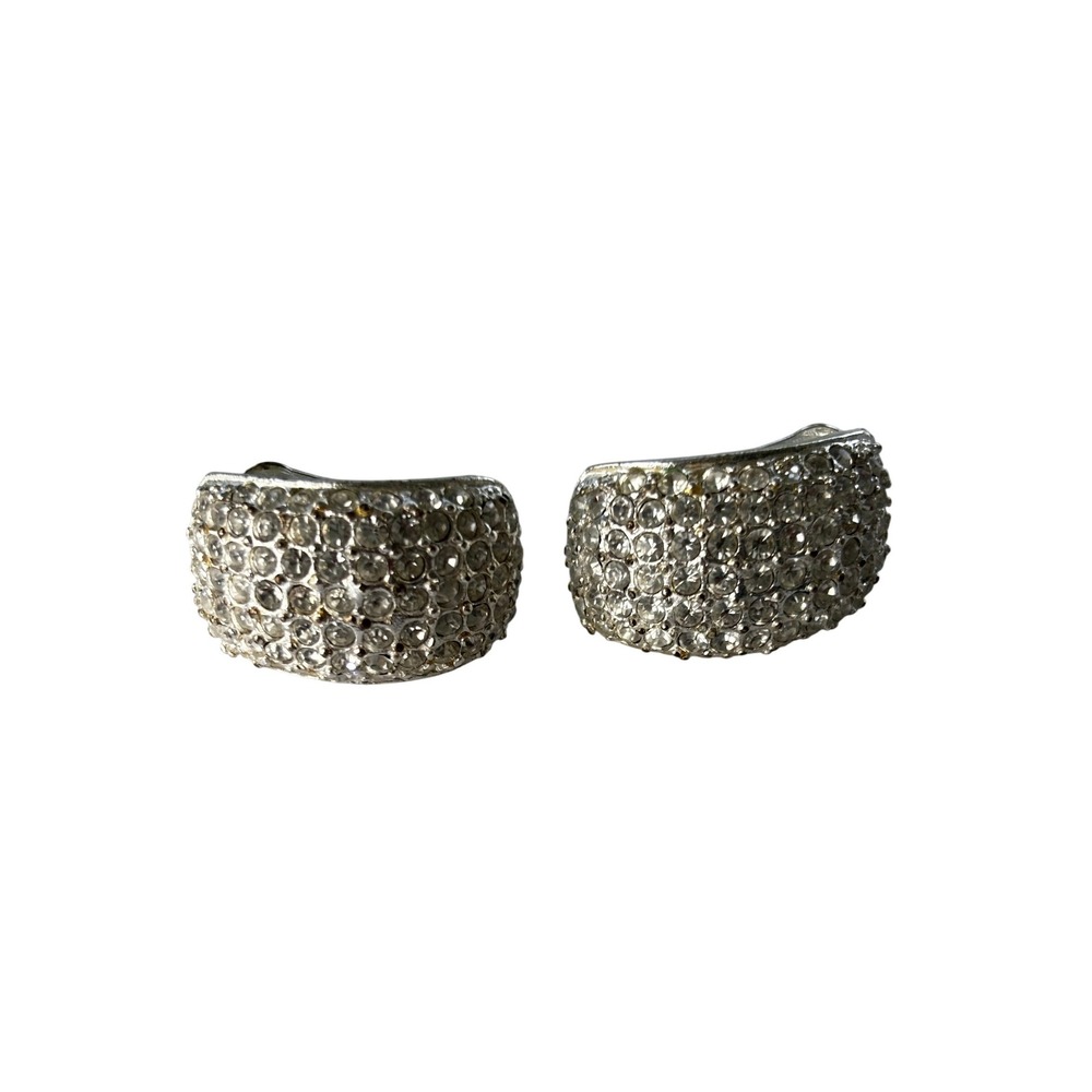Roman Clip On Earrings Silver Tone Pavé Rhinestone Vintage Half Hoop Glam
